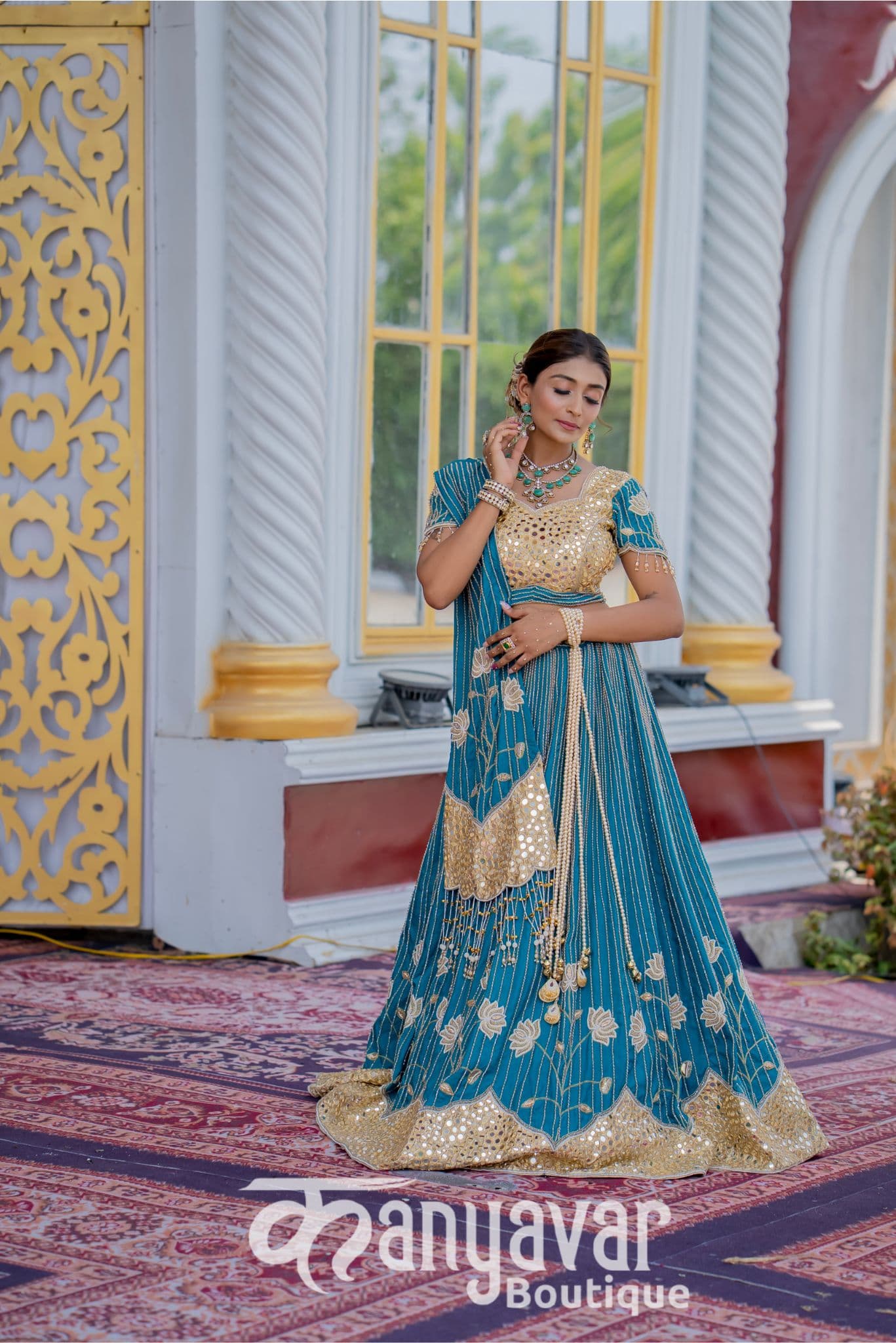 Premium Teal & Gold Mirror Work Lehenga