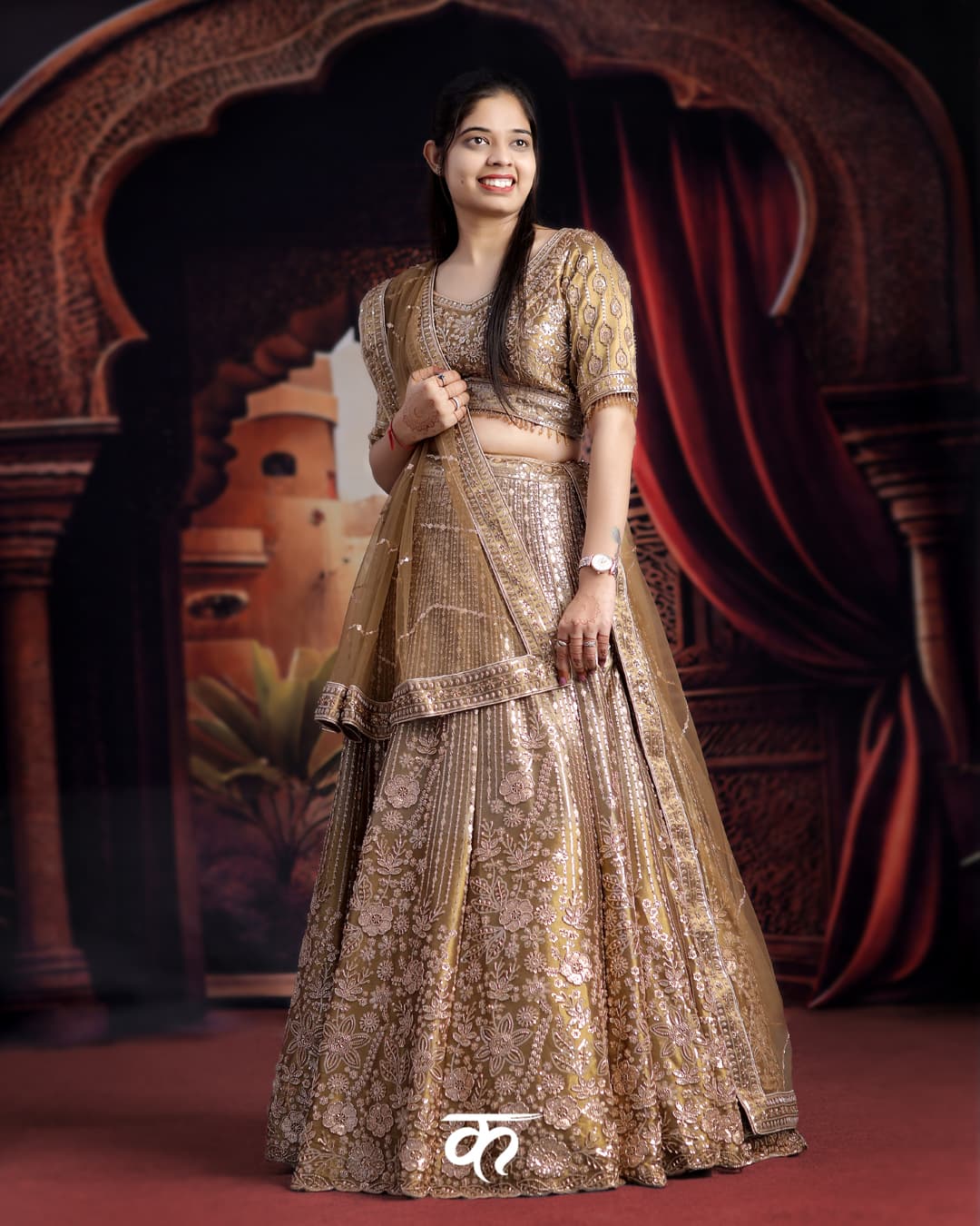 The Golden Shimmer Royal Lehenga Set โ Heavy Metallic Gold Sequin & Floral Embroidered Lehenga