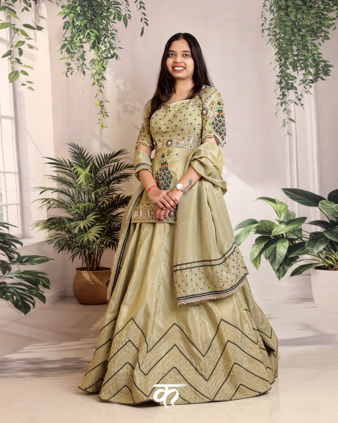 Olive Green Designer Peplum Lehenga with Peacock Embroider