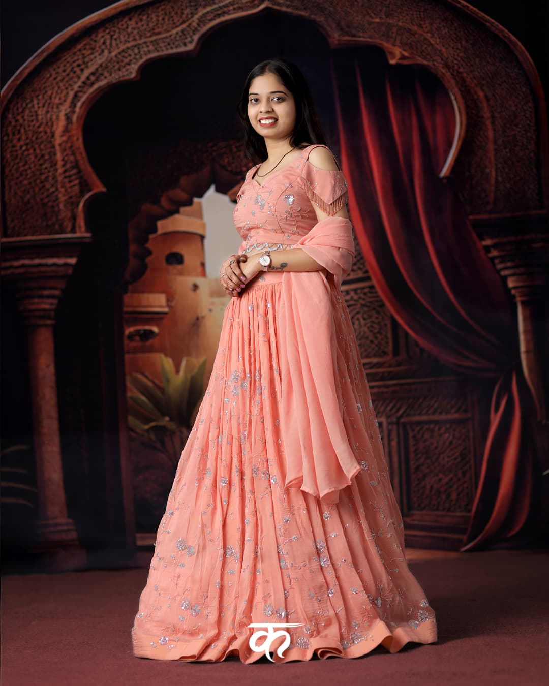 Peach Pastel Designer Lehenga with Cold-Shoulder Blouse