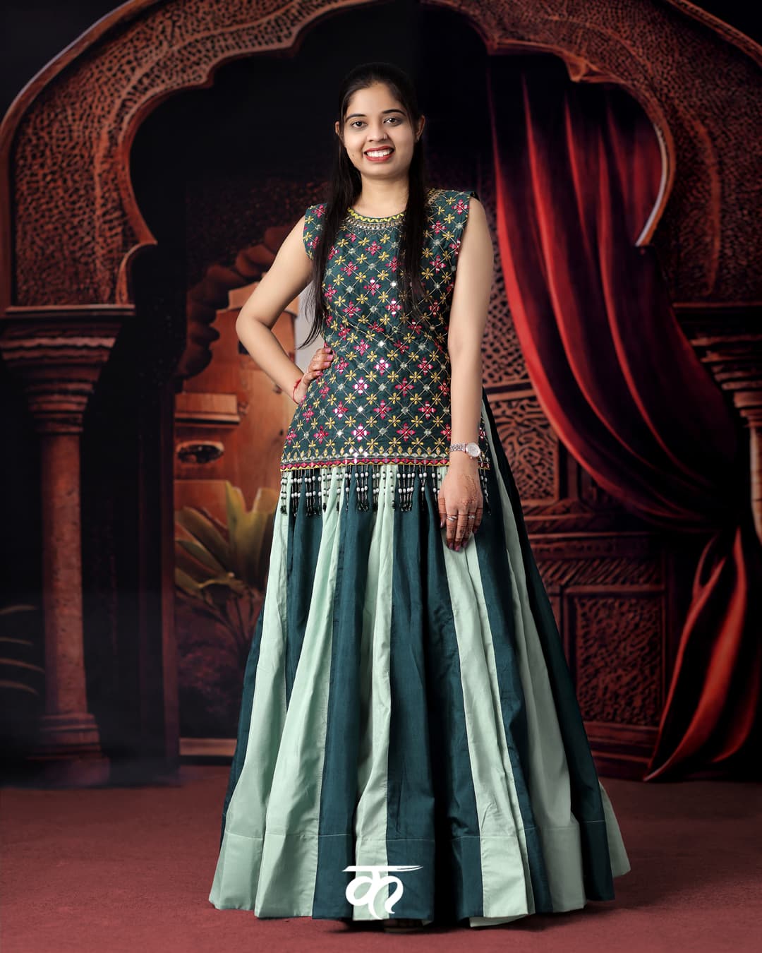 Bottle Green Mirror-Work Chaniya Choli with Contrast Flare