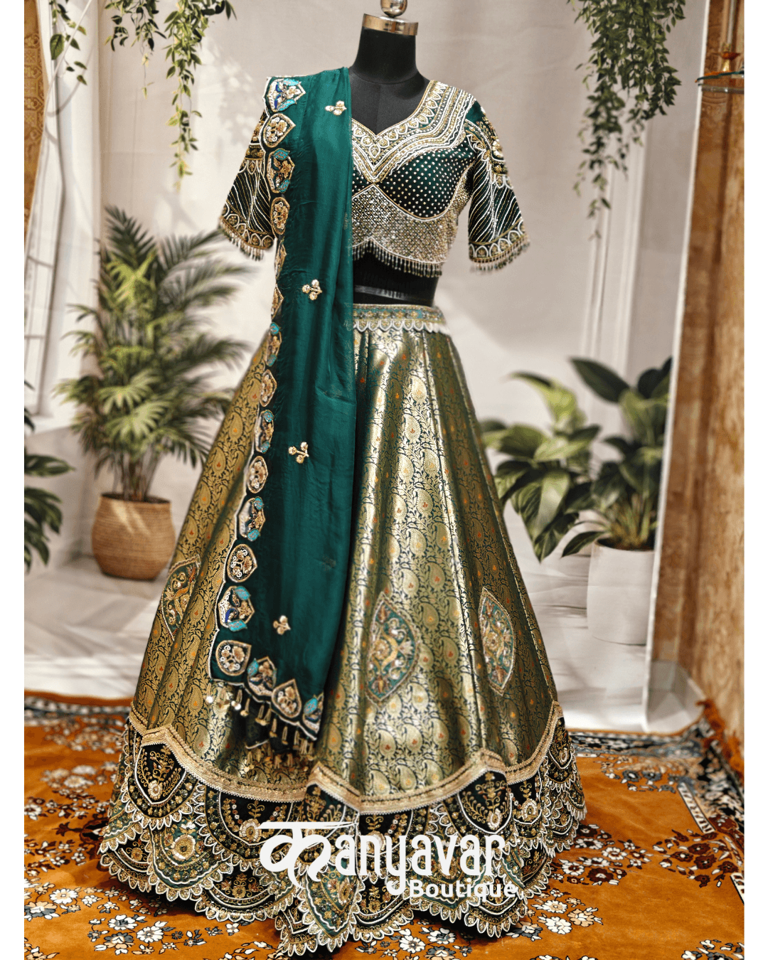 Special Royal Bottle Green Brocade Lehenga Choli-Heavy Handwork-Patch Work Exclusive Piece