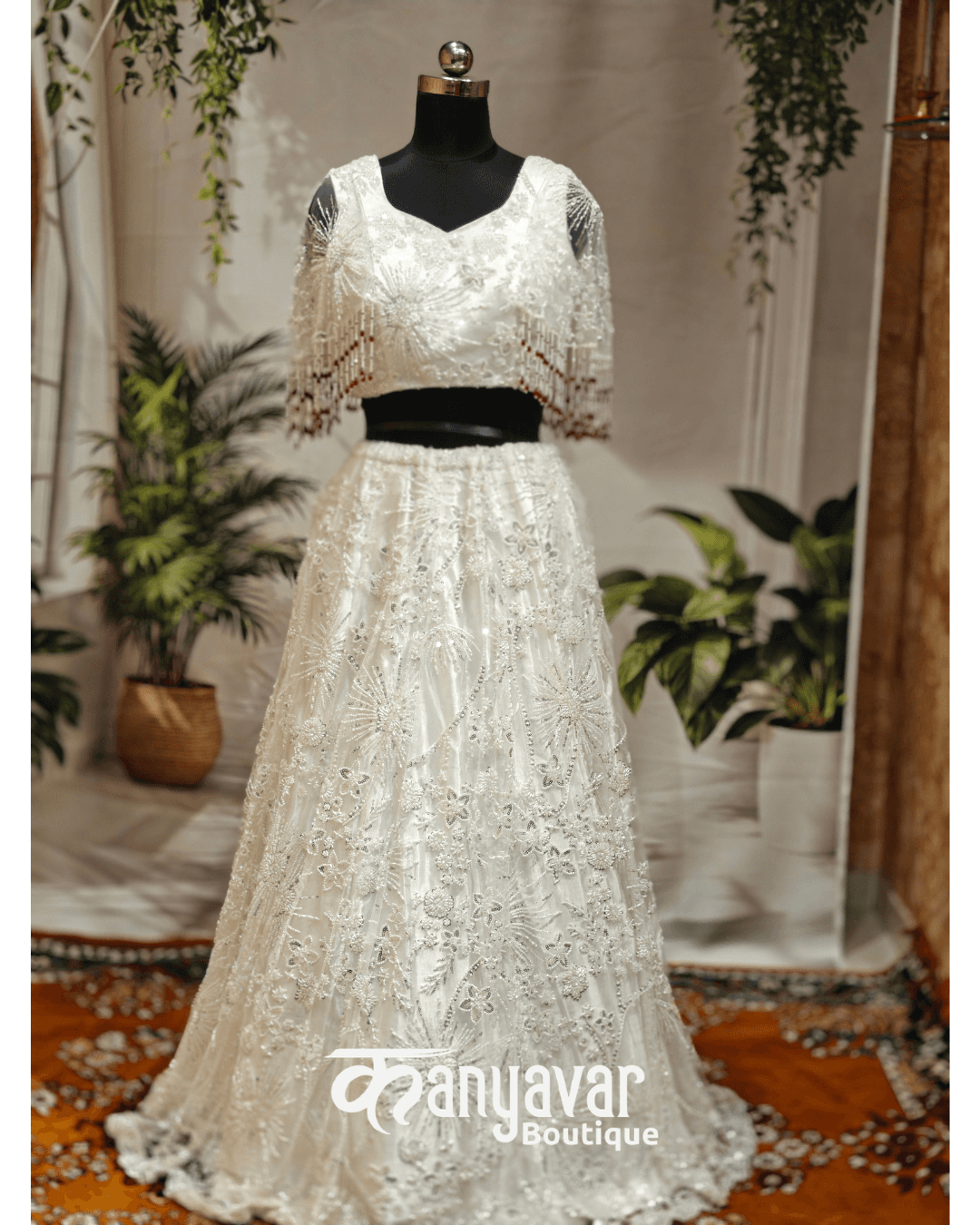 Elegant White Net Lehenga Choli-Heavy Pearl-Sequin Handwork -Shrug Style Blouse