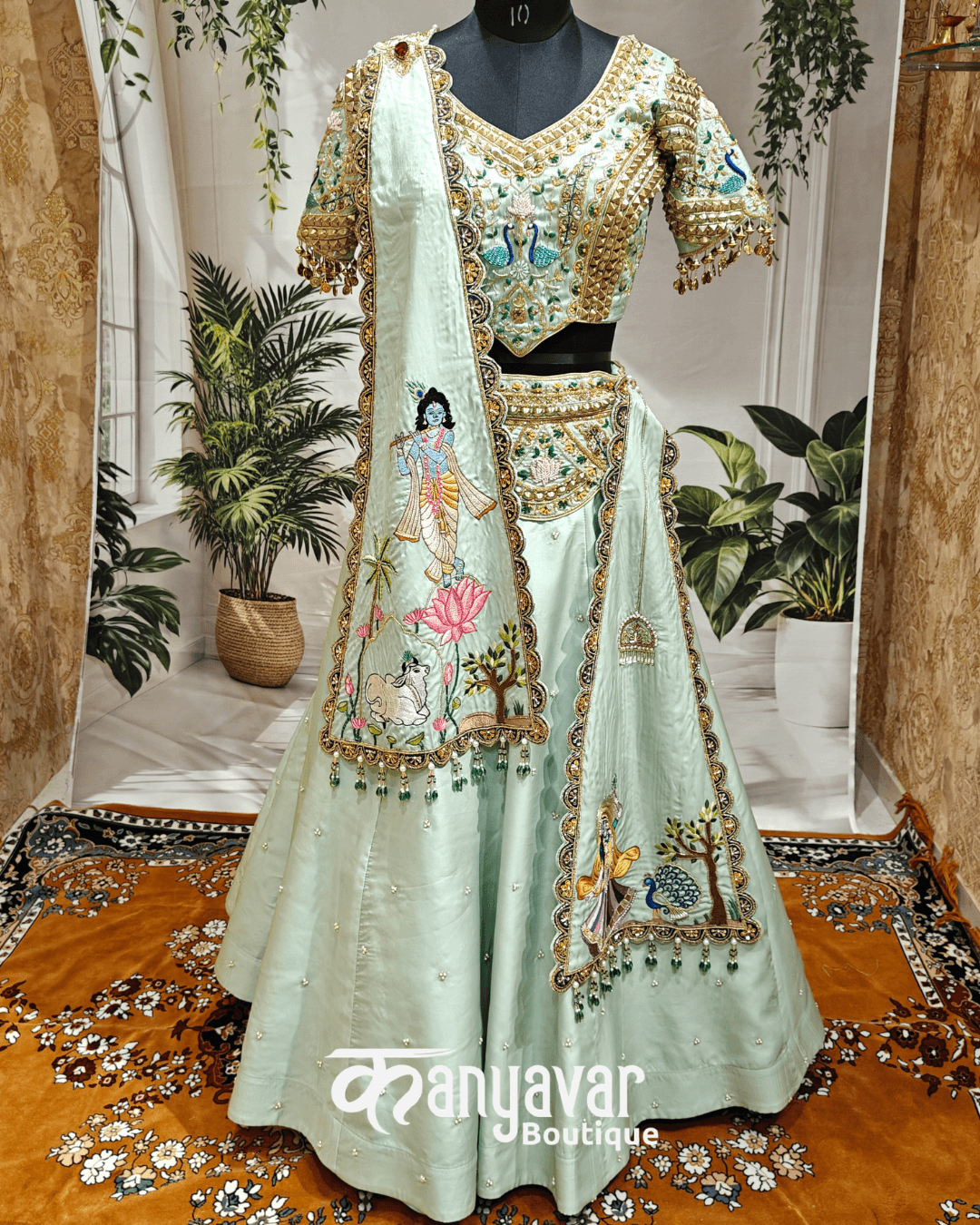 Pastel Green Radha Krishna Handwork Lehenga Choli