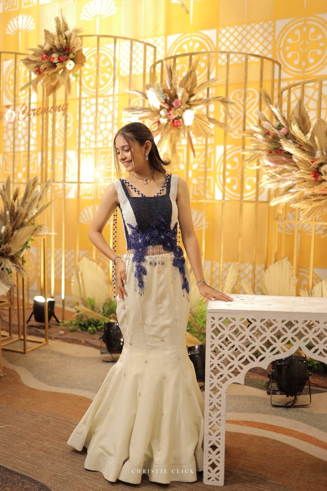 White Mermaid Skirt With Heavy Handwork Navy Blue Blouse