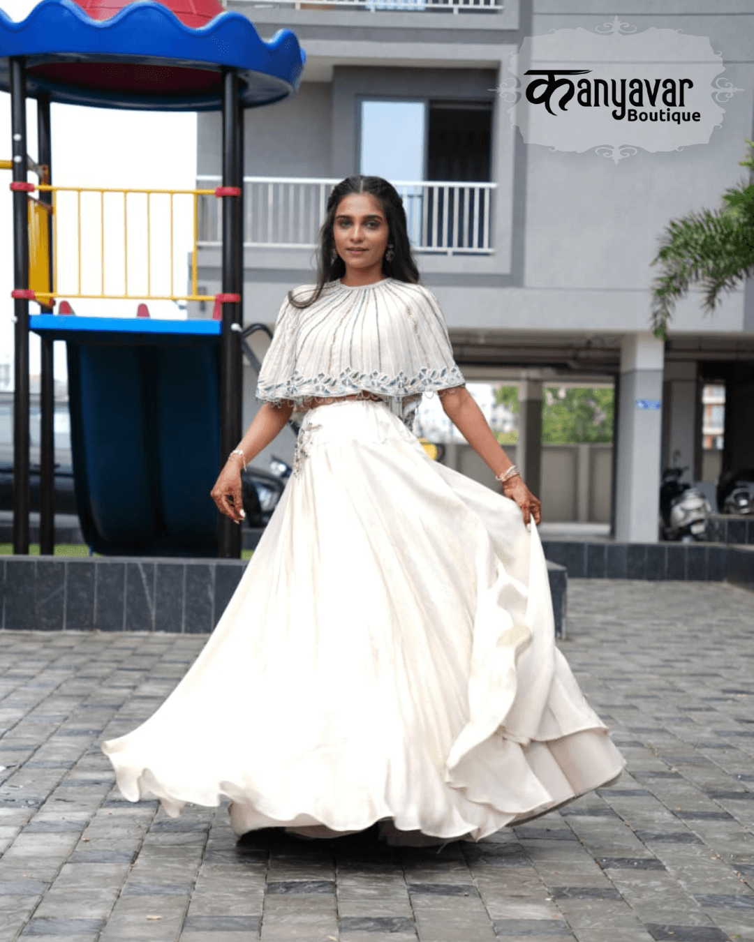 Premium Off-White Indo-Western Gown with Designer Handwork Cape