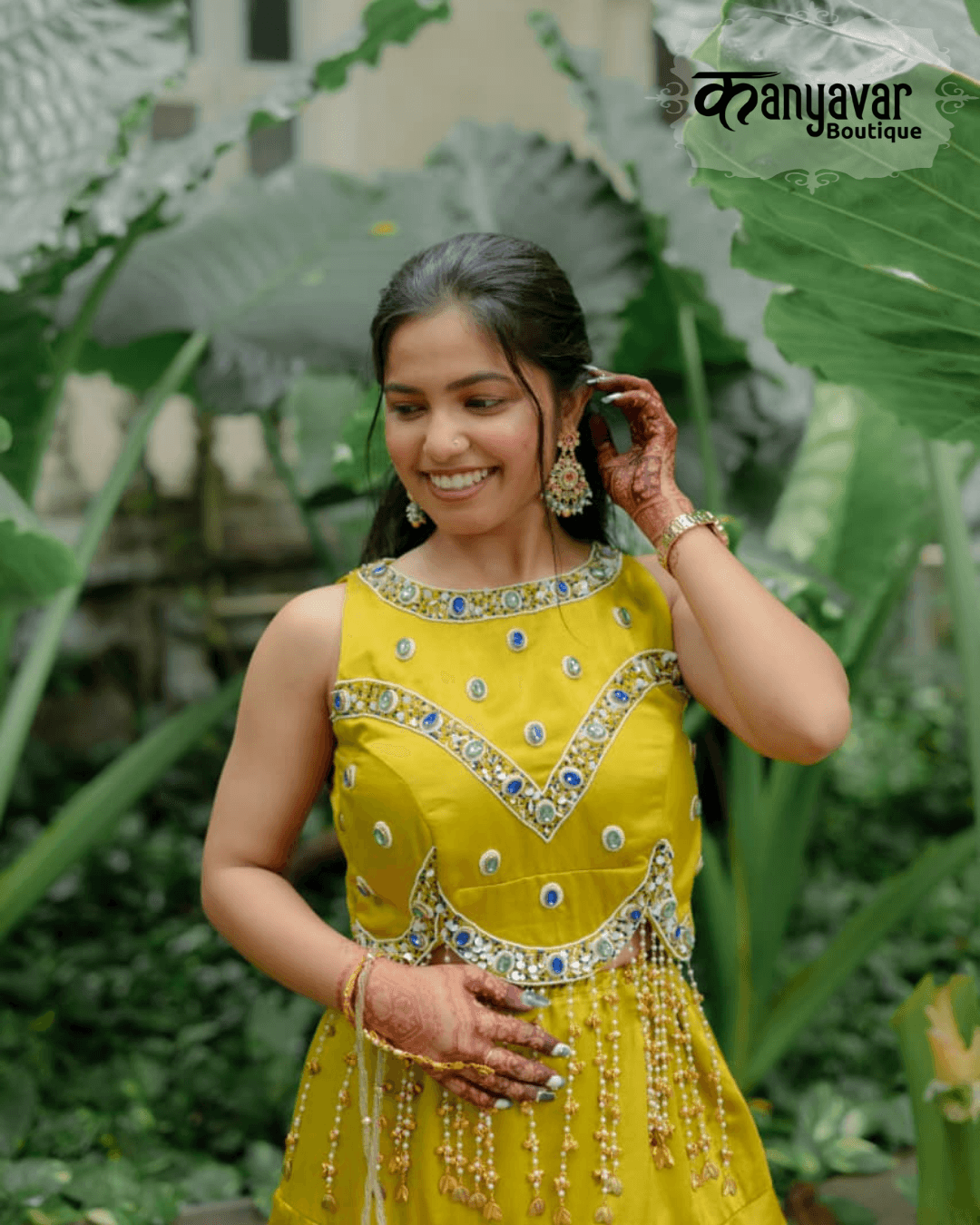 Lime Green Silk Lehenga With Mirror Work Crop Top
